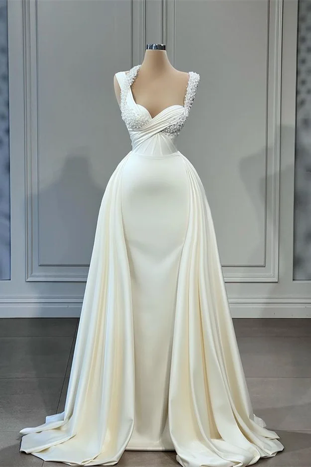 Sexy Mermaid Stain Wedding Dresses With Detachable Train Spaghetti Sleeveless Pearls Tiered Skirts Bridal Gowns Vestido Novia Custom made