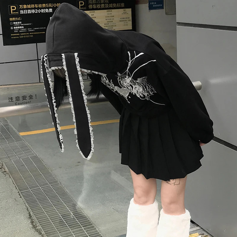 Punk oversized hoodie Japanese cartoon printing long-sleeved autumn kawaii sweatshirt Gothic streetwear vintage Grunge clothing 240809