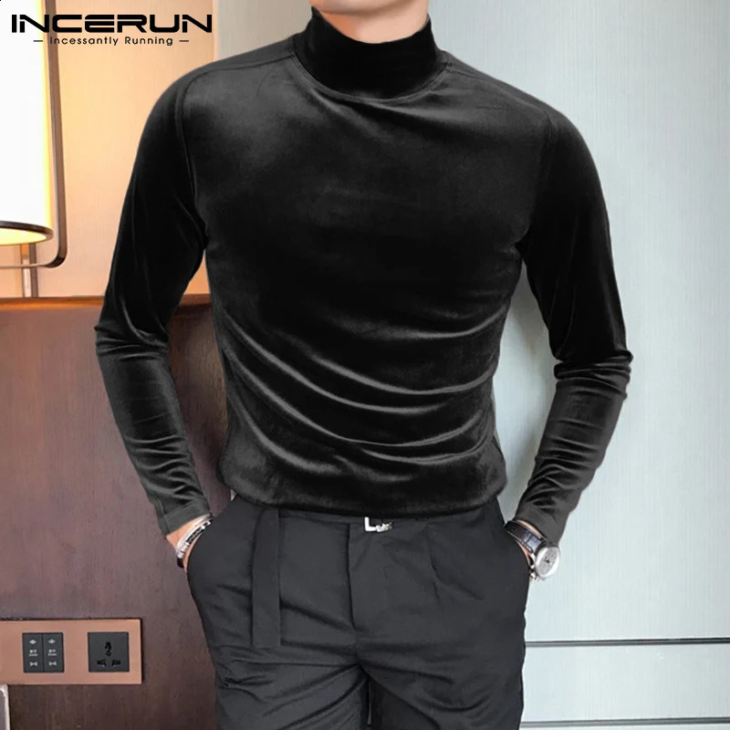 INCERUN 2024 Men T Shirt Velour Turtleneck Long Sleeve Leisure Undershirt Solid Color Streetwear Fashion Casual Tee Tops S-5XL 240814