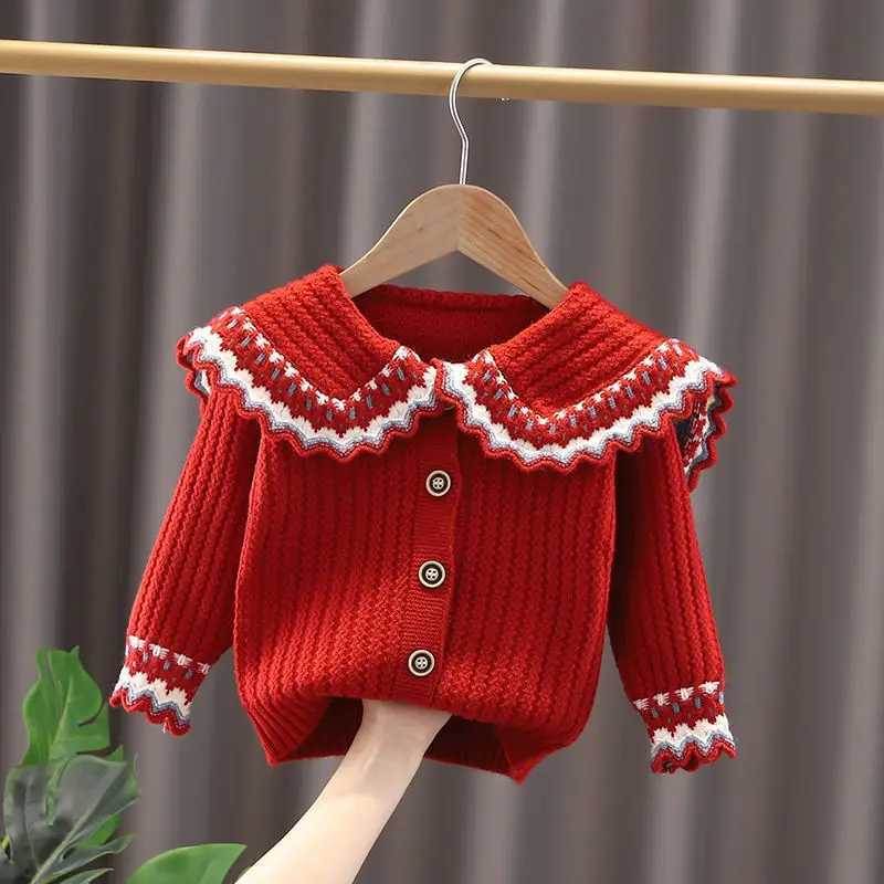 Girls knitted cardigan wool sweater 2023 autumn and winter new childrens clothing childrens sweater doll collar jacket W240813
