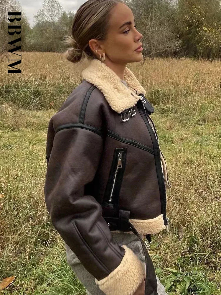 TARF Womans Fashion Thick Warm Faux Shearling Jacket Coat Vintage Long Sleeve Belt Hem Female Outerwear Chic Tops 240813
