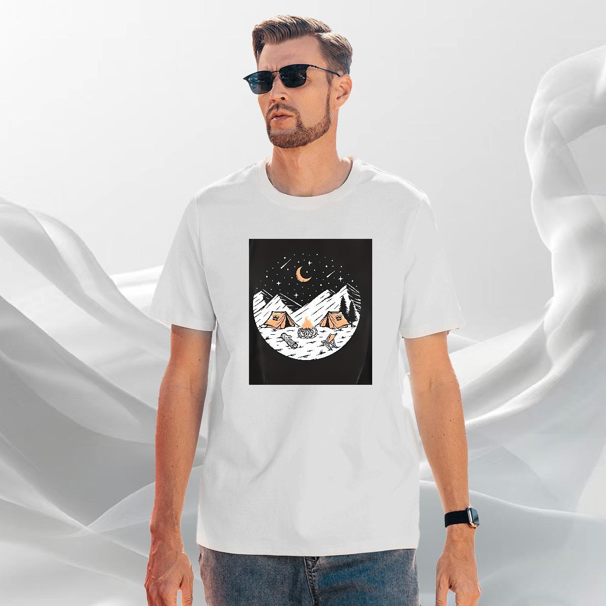 Cool Men Tshirts Beach 230g Pure Cotton Anime Print Round Neck Short Sleeve mountains T Shirt For Man Fashion Designer Tees Shirts
