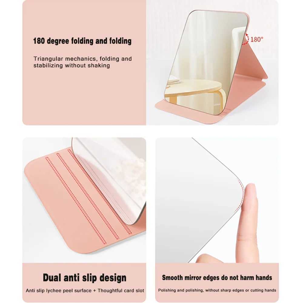 Foldable desktop makeup mirror portable PU handheld travel makeup mirror mirror leather anti slip pocket mirror gold letter pattern W240813