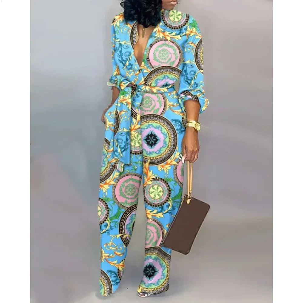LKF Temperament Casual Long-sleeved Button Jumpsuit Womens Printed Strap High Waist Straight Jumpsuit Trousers 240813