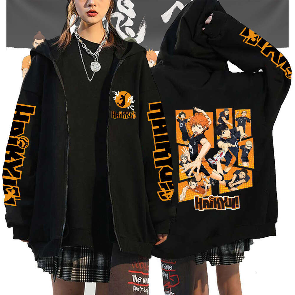 Men Women Anime Hoodie Haikyuu Zip Up Jacket Karasuno High School Plus Size Sweatshirt Haruku Unisex Autumn Warm Streetwear
