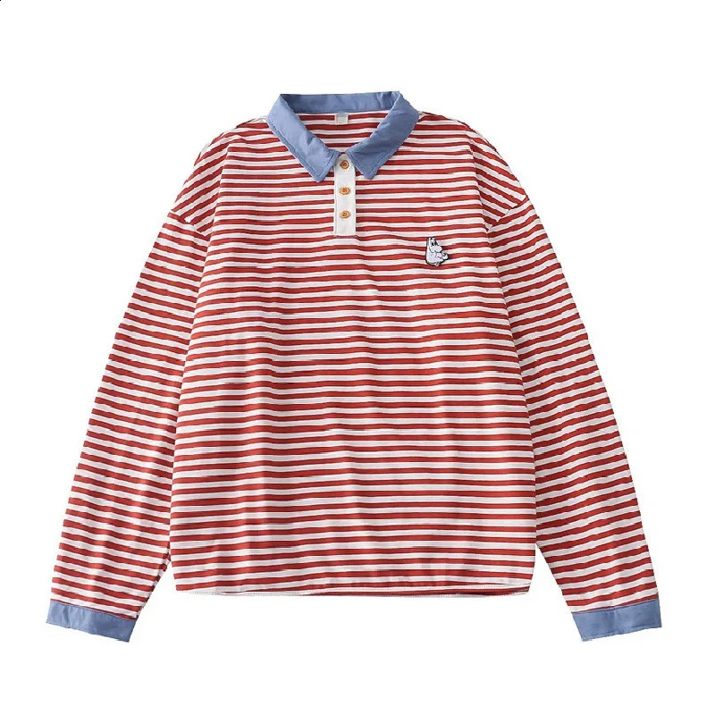 Casual loose womens loose T-shirt spring item womens polo shirt red striped T-shirt lapel cotton top long sleeved shirt 240827