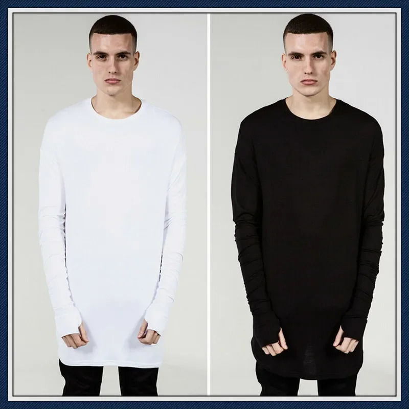 Quality Hip Hop T Shirt Full Mens Long Sleeve T-Shirt with Thumb Hole Cuffs Tees Shirts Curve Hem Men Street Wear Tops Plus Size 240814