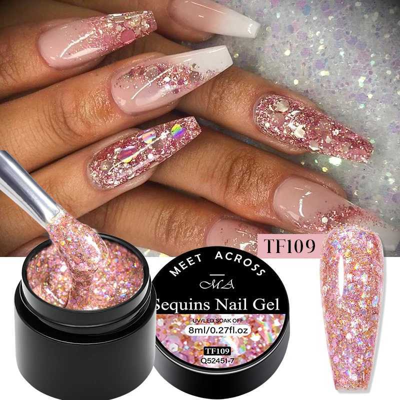 MEET ACROSS 8ml Glitter Sequins Gel Nail Polish Shiny Sparkling Silver Platinum Pink Semi Permanant Nail Art Gel ManicureM240814