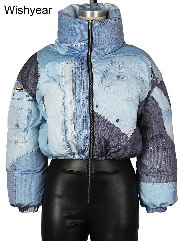Fashion Winter Warm Stand Collar Long Sleeve Zipper Short Cotton Padded Jackets Women Club Tops Streetwear Printed Parkas Coats 240813