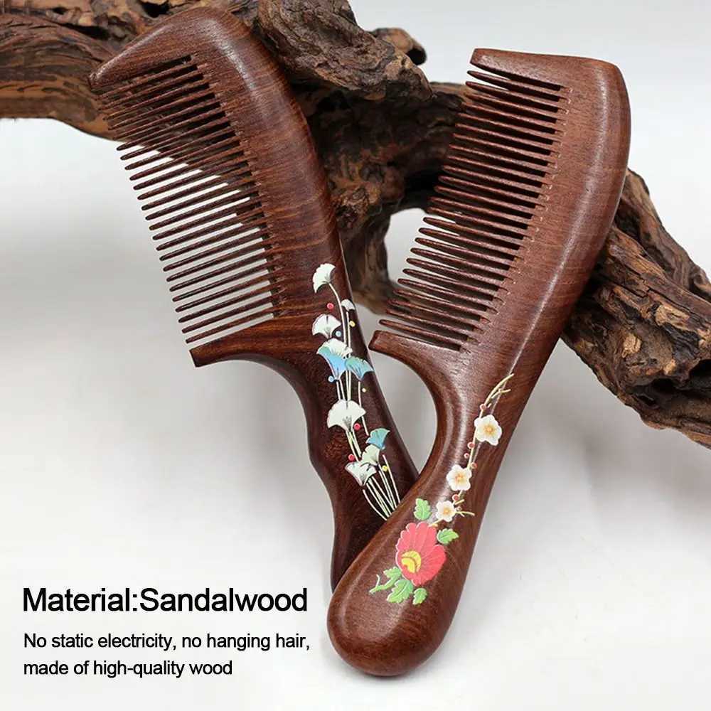 Natural hawthorn comb anti-static density fine tooth butterfly flower lacquer wood comb head massager hair comb styling tool W240813