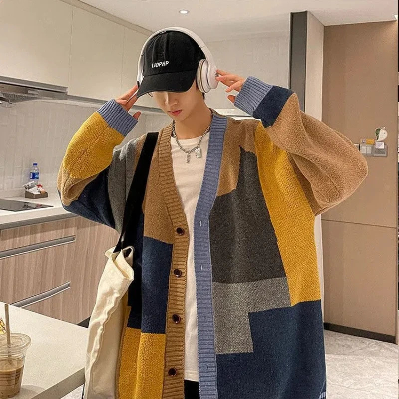 Korean Trendy Mens 2024 Patchwork V-neck Button Contrast Color Fashion Loose and Versatile Long Sleeved Knitted Sweaters 240814