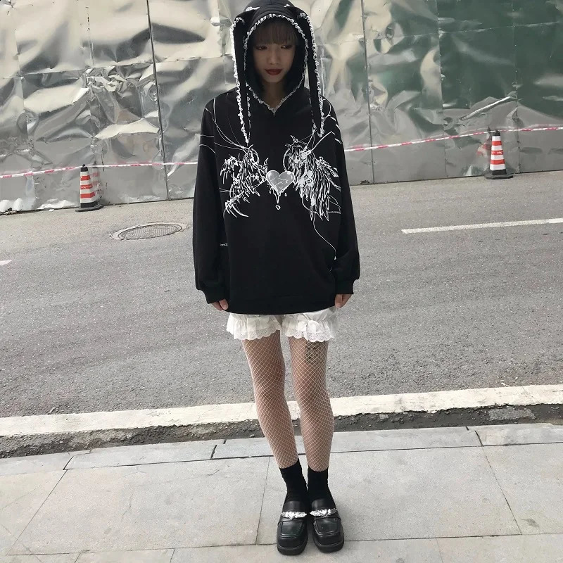 Punk oversized hoodie Japanese cartoon printing long-sleeved autumn kawaii sweatshirt Gothic streetwear vintage Grunge clothing 240809