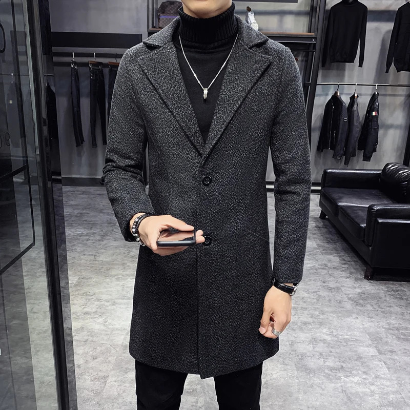 Mens winter trench coat long mens slim fit casual wool blend business thick warm size 5XL 240827