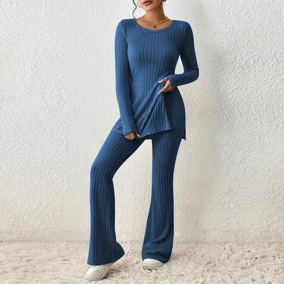 Spring Women Knit Two Piece Sets Solid Color Sexy Slit Casual Slim Suit Long Sleeve Oneck TopsPants Set Fashion Streetwear 240712