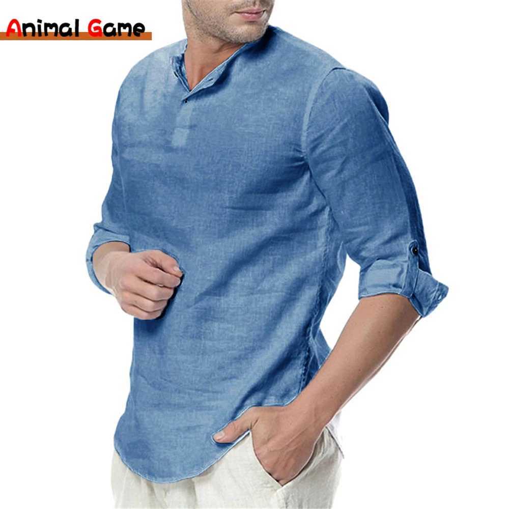 Mens Linen Long-Sleeve Shirt Solid Color Loose Casual T-Shirt Cotton Linen Shirt Oversize Shirts V-neck Breathable Top S-5XLM240814