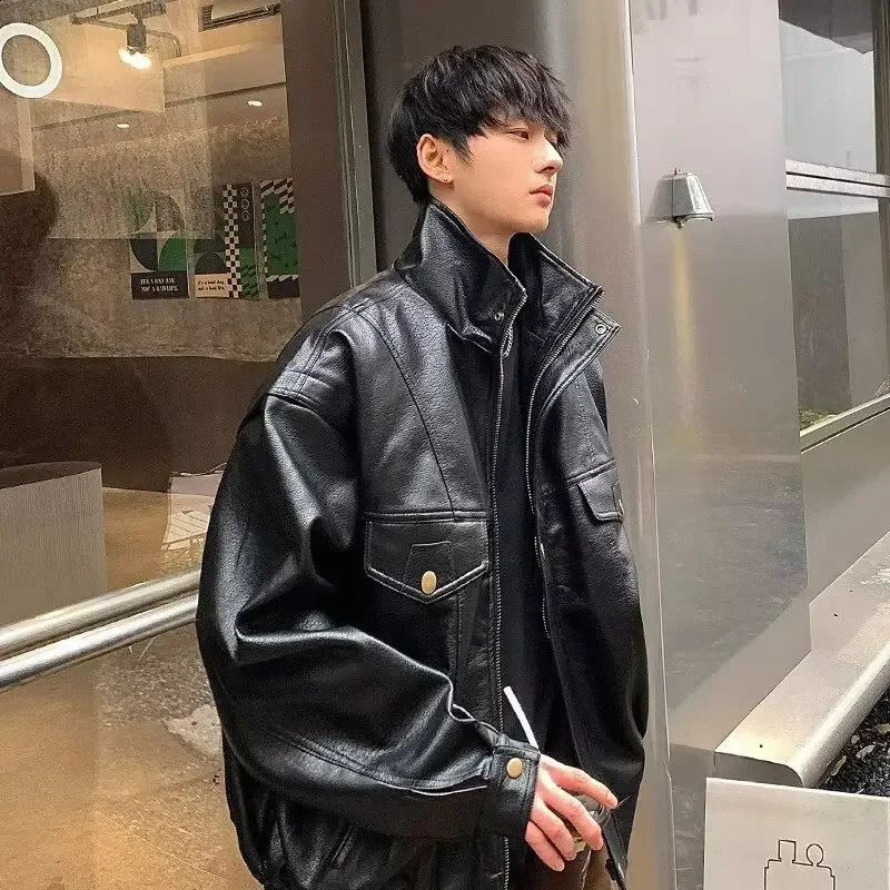 Trendy Black Motorcycle Jacket For Men Casual Stand Collar Leather Biker Riding Gear Lightweight Loose Fit Cropped Jacket 240814