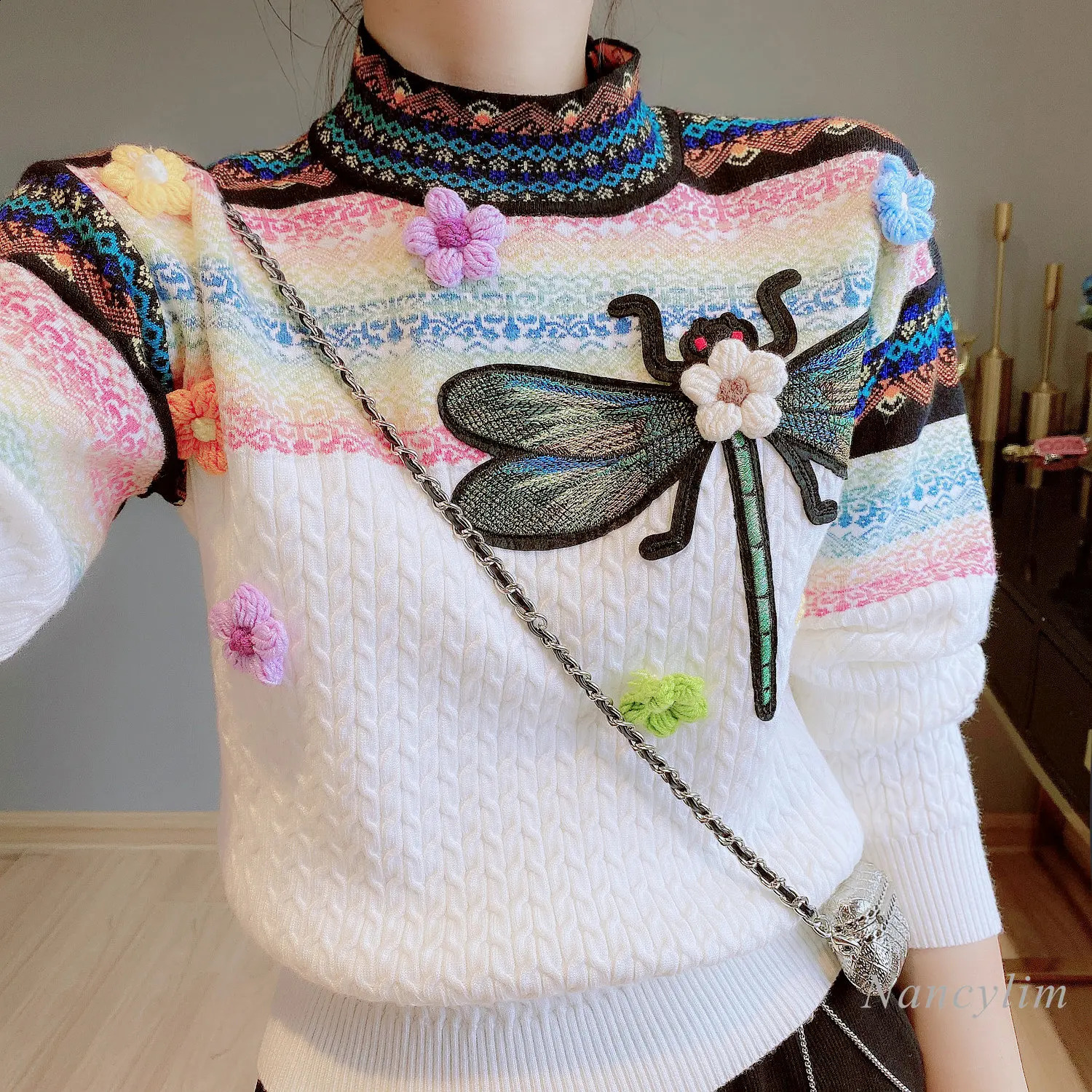 Spring Autumn Round Neck Long Sleeve Contrast Color Twist Sweater Womens Three-Dimensional Flower Dragonfly Pull Femme 240813
