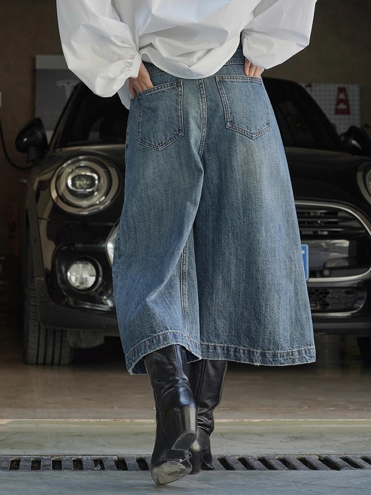 LANMREM High Waist A-line Loose Jeans For Women Straight Vintage Streetwear Solid Color Pant 2024 Spring Autumn Clothing 240813