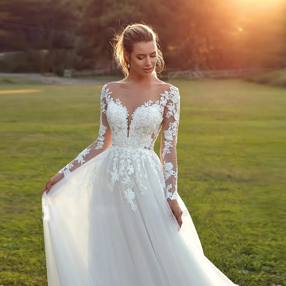 2024 Long Sleeve Wedding Dress Beach Women Lace Appliques Button Tulle Sweep Train Vestidos De Novia Custom Made