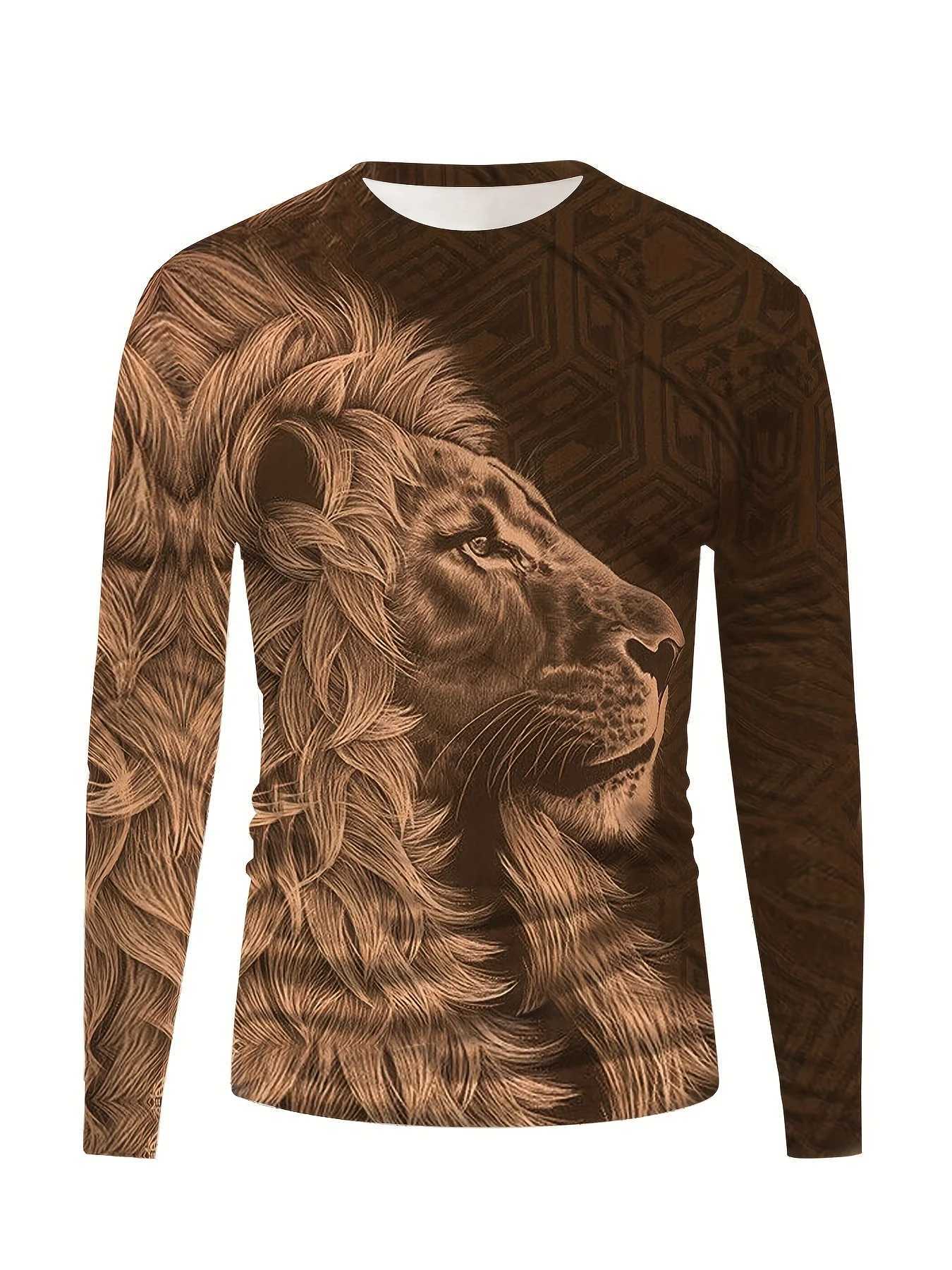 3d Lion Print Long Sleeved Mens T-Shirt Summer Quick Dry Cotton T-Shirt For Men Streetwear Man Clothing Loose Oversized Tee TopM240814