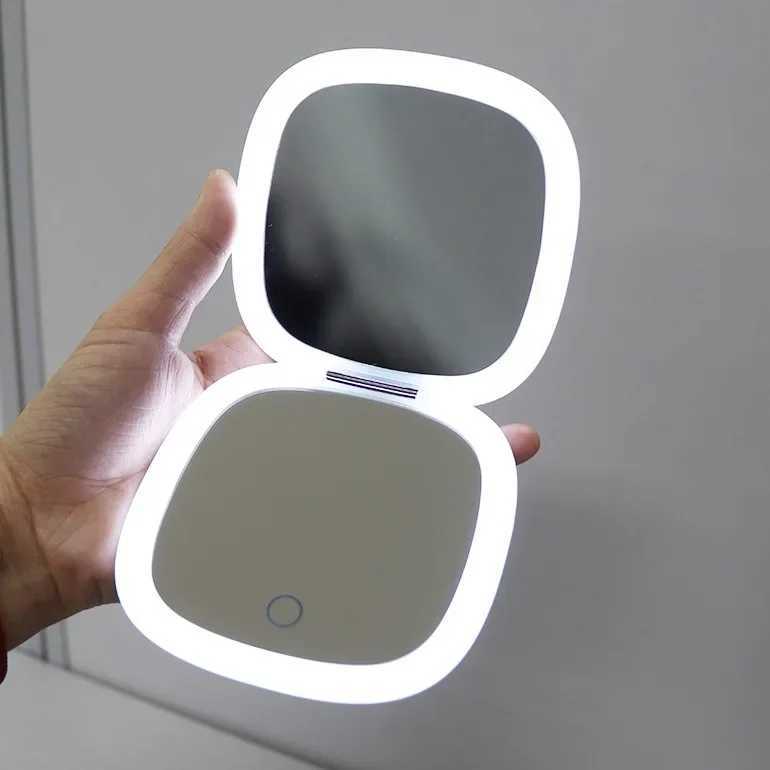 USB charging folding portable LED makeup mirror touch screen dimming handle with 10X magnifying travel makeup mirror W240813