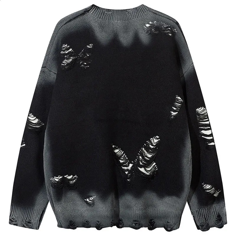 Vintage Oversized Sweater Grunge Y2K Knitted Butterfly Tie Dye Sweaters Men Hip Hop Ripped Hole Punk Gothic Long Sleeve Jupmers 240821