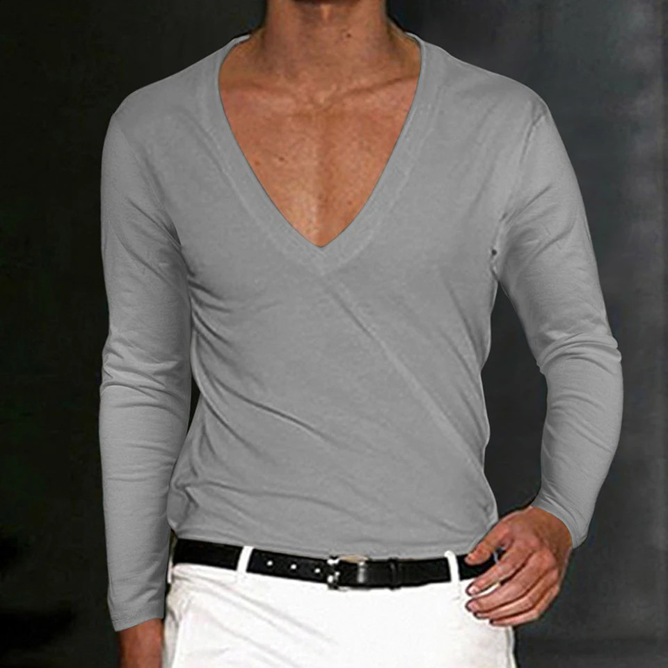 Mens T-Shirt Summer Shirts Low Cut Deep V Neck Comfortable Shirt Tops Mens Long Sleeve Casual Pullover Sexy Slim Fit Tees 240814