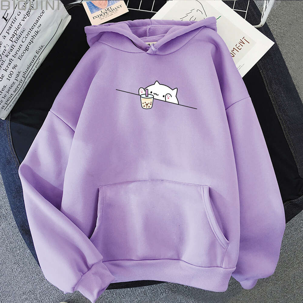 Tea Bubble Graphic Printed Casual Pullover Cartoon Female Hooded Clothes Plus Size Hoodie Kawaii Cat And Boba Women Sweatshirts
