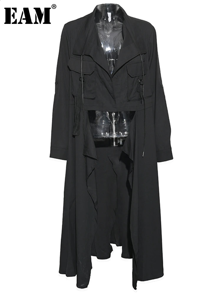 EAM Women Black Irregular Big Size Long Trench Lapel Long Sleeve Windbreaker Fashion Spring Autumn 2024 1DE108201 240813