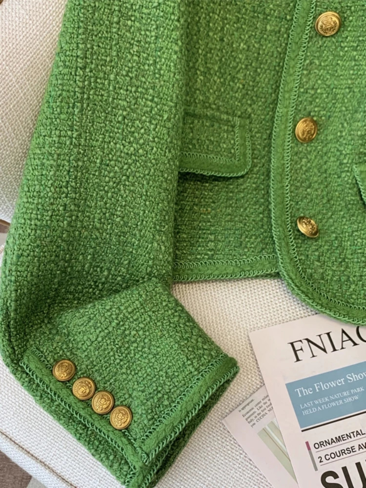 Autumn Korean fashion green tweed short sleeved jacket for womens chic long single chest woven top 240813