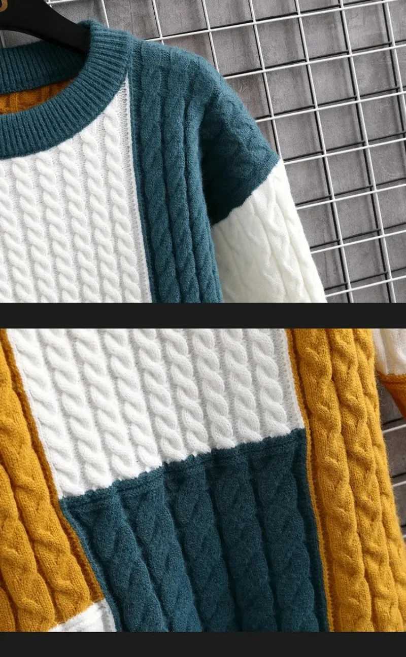 Harajuku mens fashionable knitted hip-hop streetwear color matching pull-out oversized casual O-neck mens retro sweaterW240729