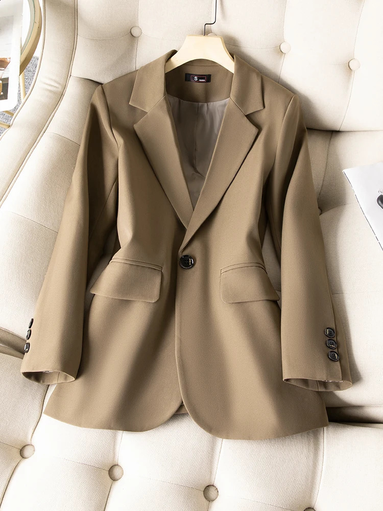 Khaki Black Green Women Solid Formal Blazer Coat Female Long Sleeve Single Button Straight Jacket For Office Ladies Work Wear 240813