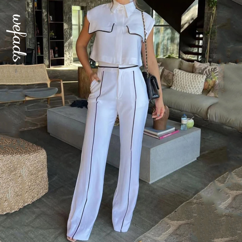 Wefads Women Two Piece Set Office Fashion Laple Contrast Button Sleeveless Vest Jacket Slim Top Loose With Pockets Pants Sets 240813