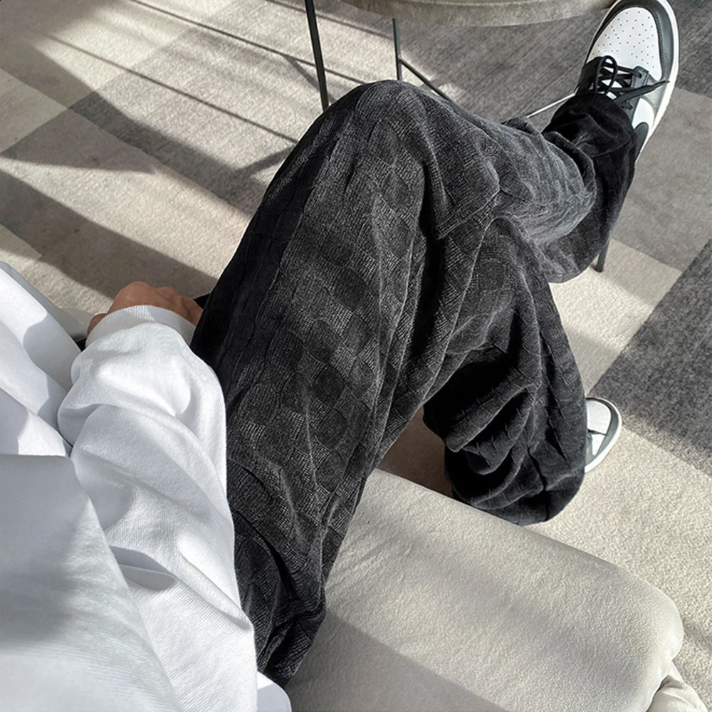 Mens Short Length Plaid Straight Men Casual Pants Fashion Hip Hop Daily Versatile Trousers For Harajuku Korean Clothing Pants 240814