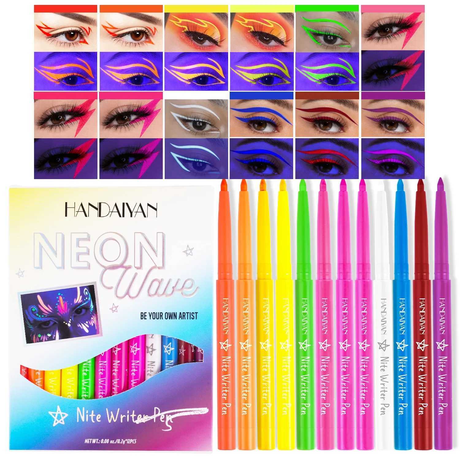 12Pcs/Box UV Waterproof Eyeliner Gel Pencil Set Face Painting Pen Neon Makeup Halloween Pigment Eye Liner Fluorescence In Dark Y240813