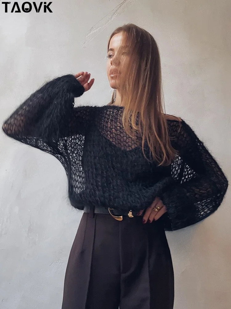 TAOVK Womens crochet tops Knitted Sweaters lightweight sheer Thin Cardigan see through Sweater Loose Outwear 240813