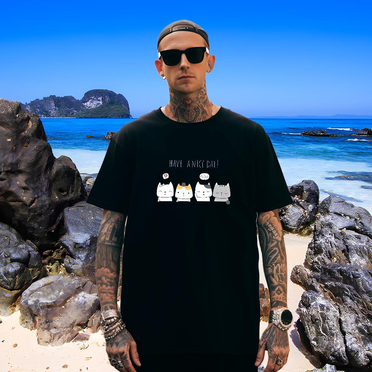 Popular T Shirts Men cat Breathable Short Sleeve Casual Beach Oversized 3XL 4XL 230g Cotton Men Tops Tees Fashion Designer Clothes