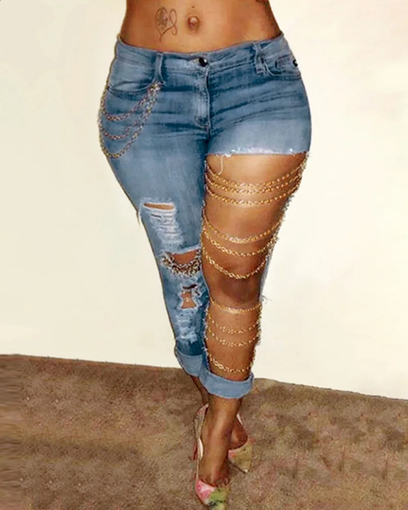 Women Jeans Pencil Pants Denim Sexy Big Holes Chain Washing Slim Pockets Streetwear Spring 2024 Slight Strech Solid Color 240813