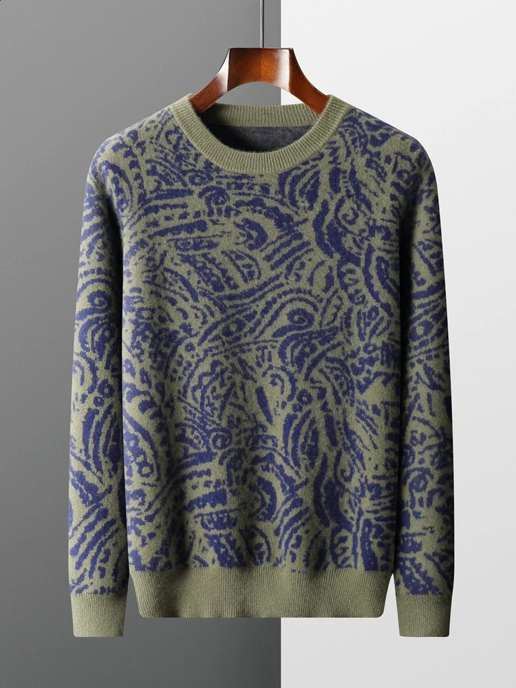 Autumn Winter Man 100% Wool Cashmere Sweater National Style Jacquard Thickened Jumper O Neck Pullover Leisure Long-Sleeved Top 240821