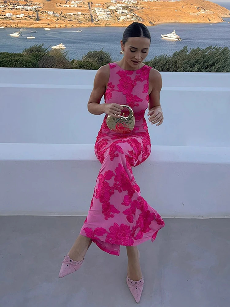 Elegant 3D Flower Long Dress for Women Slim O-neck Sleeveless Backless Hip Package Split Dresses 2024 Summer Mesh Evening Robe 240814