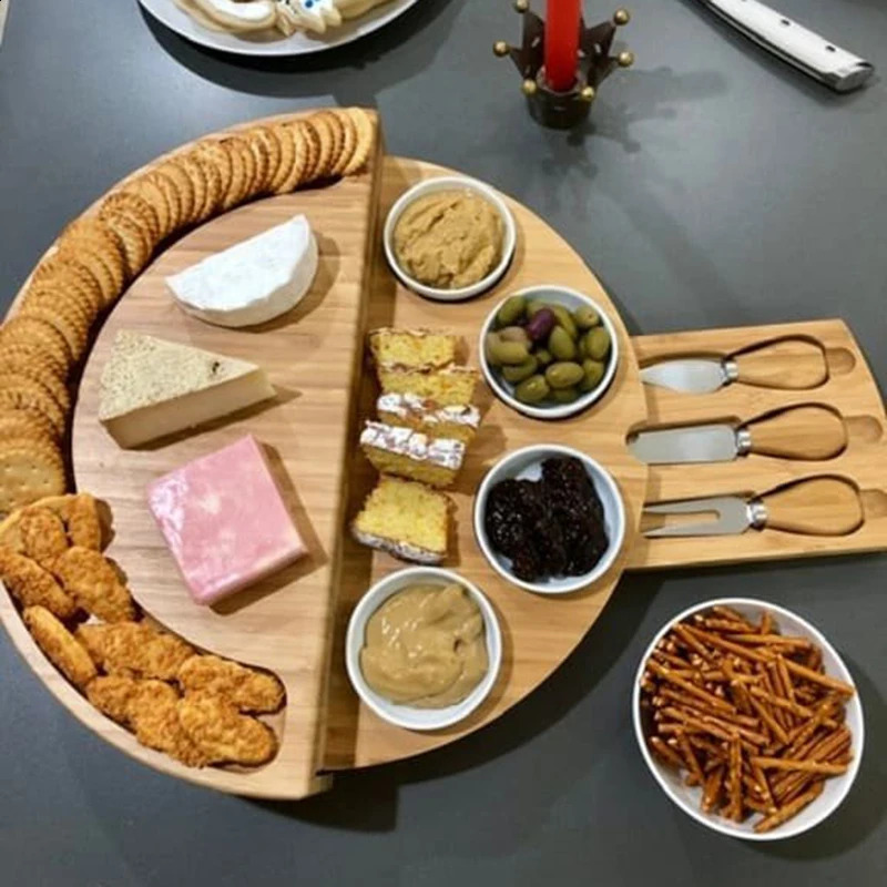 1 set of cheese board cutter set with sliding drawer cooking tools slicer fork spoon cutter for kitchen storage 240812