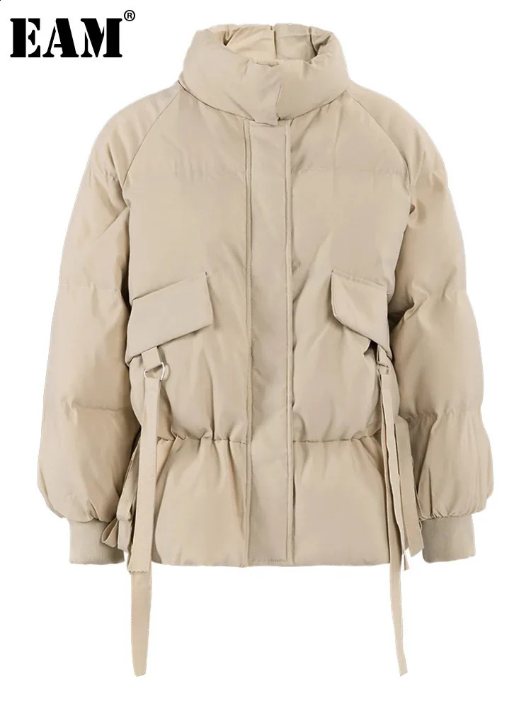 EAM Beige Short Warm Cotton-padded Coat Long Sleeve Loose Fit Women Parkas Fashion Autumn Winter 2024 ML52612 240813