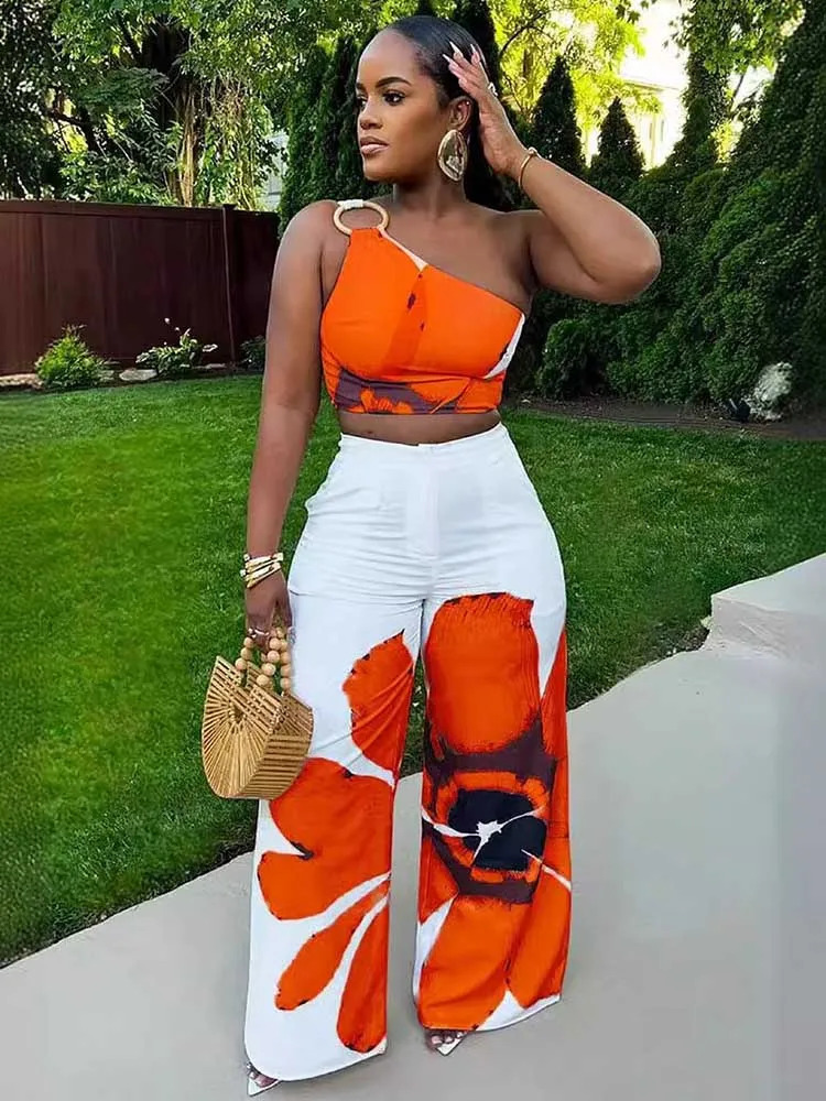 2 Piece Sets Women Outfit Casual Elegant Summer One Shoulder Tank and Long Pant Ladies Suits Sexy Wholesale Drop 240814