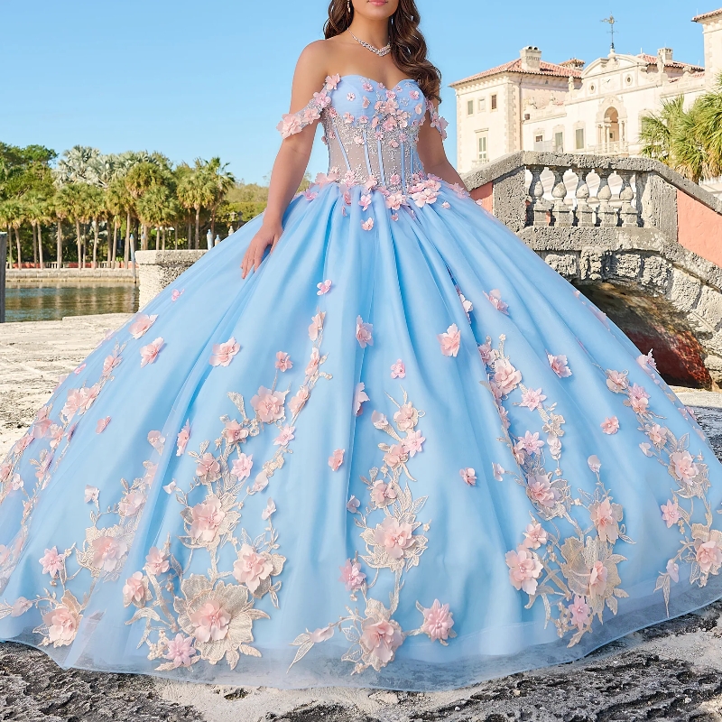 Mexican Sky Blue Quinceanera Dresses Ball Gown Beaded Lace Appliques Flower Tull Sweet 16 Dress Princess Lace Up Vestido De 15 Anos