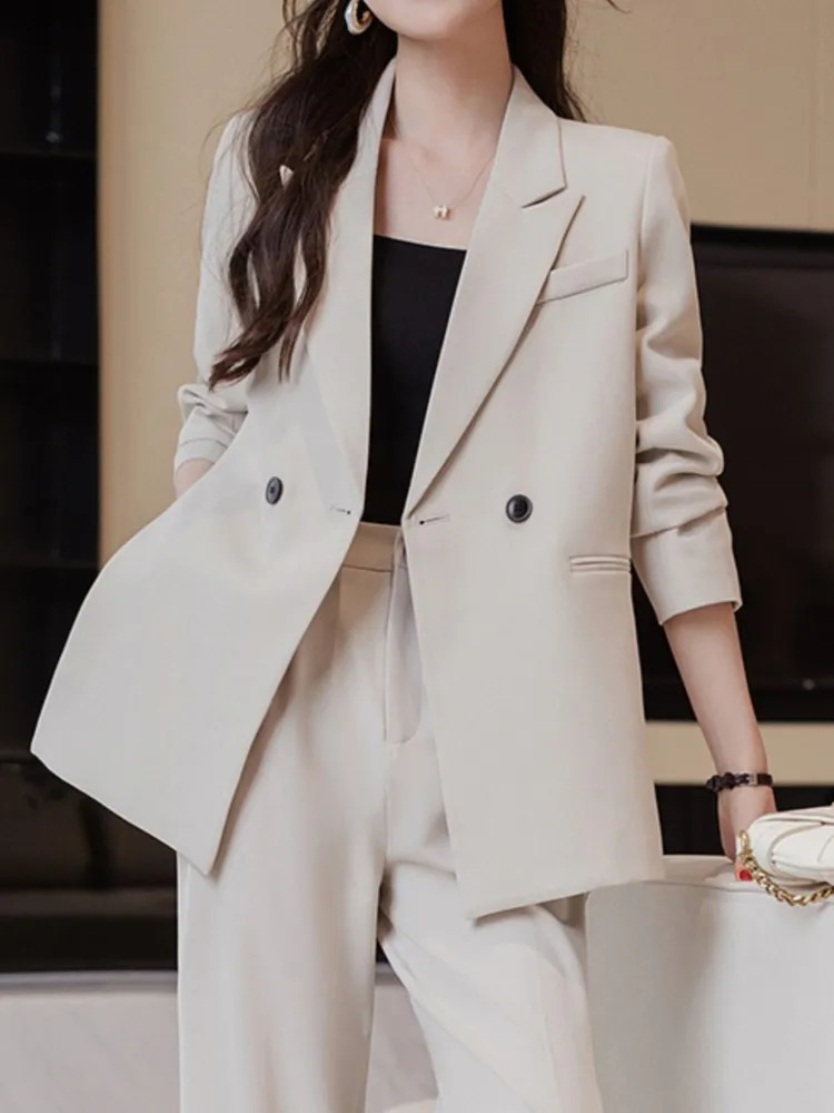 Korean Fashion Elegant Solid Women Blazer Pantsuit Casual Vintage Chic Suit Jackets Straight Pants 2 Pieces Set Female Outfits 240813