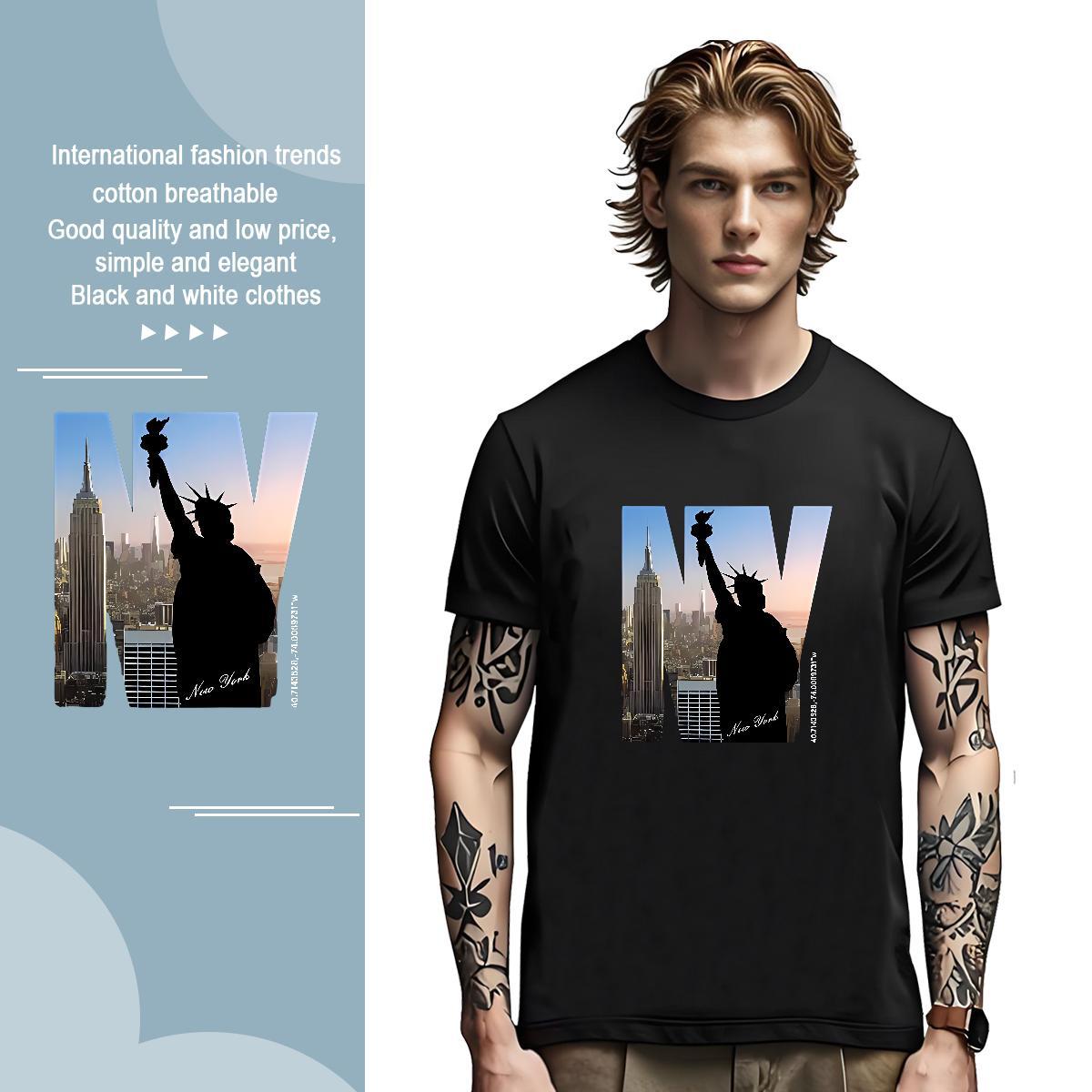 Comfortable T Shirt For Man the Statue of Liberty Breathable Short Sleeve Street Casual Asian Size 230g 100% Cotton Men Tshirts Classic Casual Tee Shi