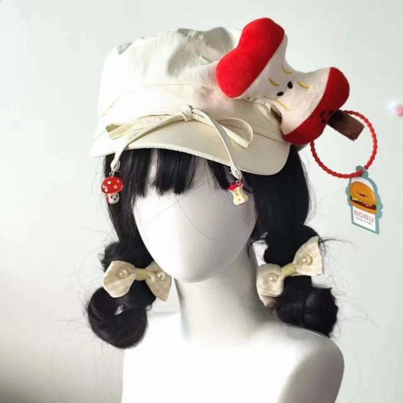 Japanese Kawaii Apple Decoration Beret Hat for Women Sweet Cute Y2k Lolita JK Girls Student Vintage Artist Painter Beige Bow Cap 240805