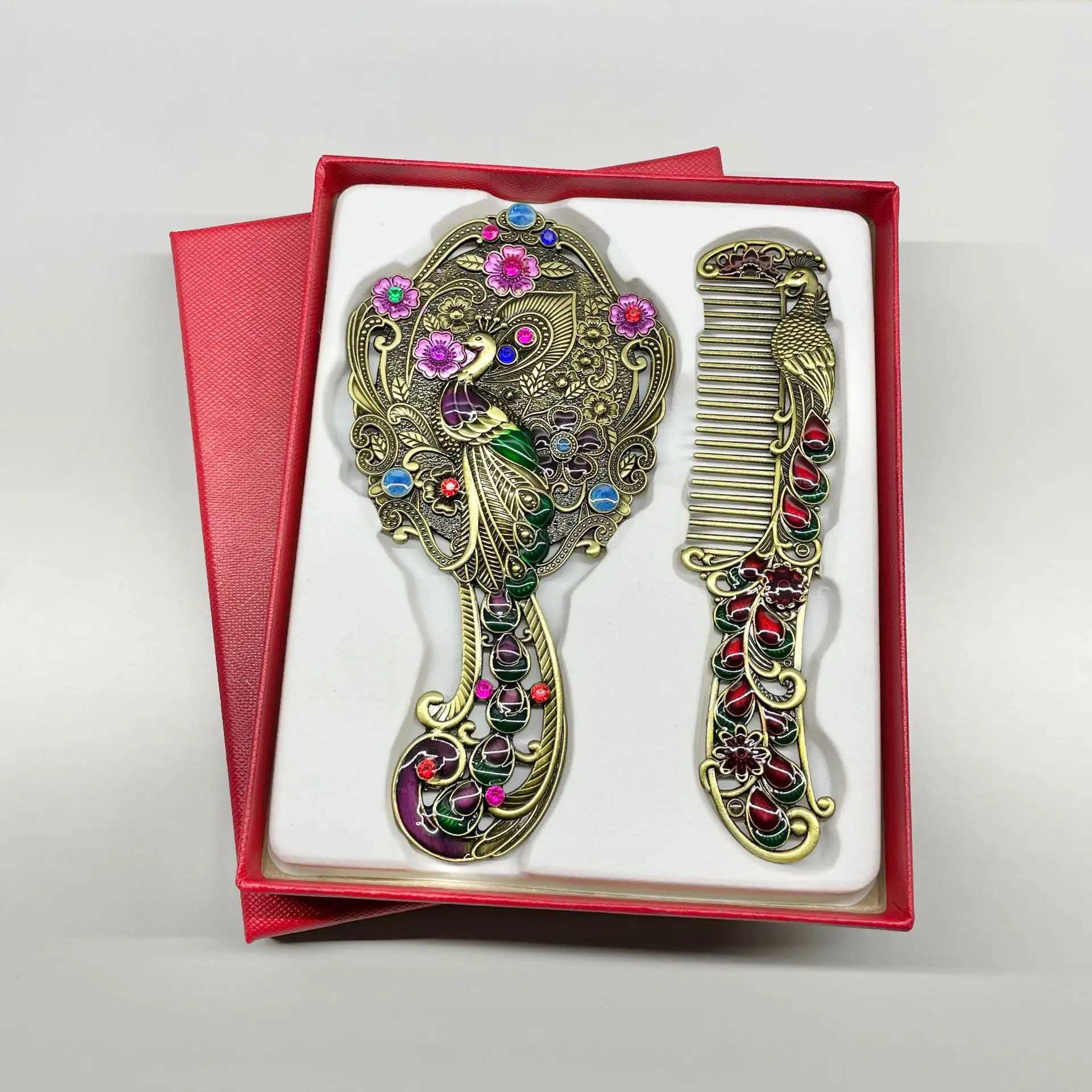Antique bronze embossed oval peacock makeup mirror handheld comb set Russian style portable brightly colored durable W240813