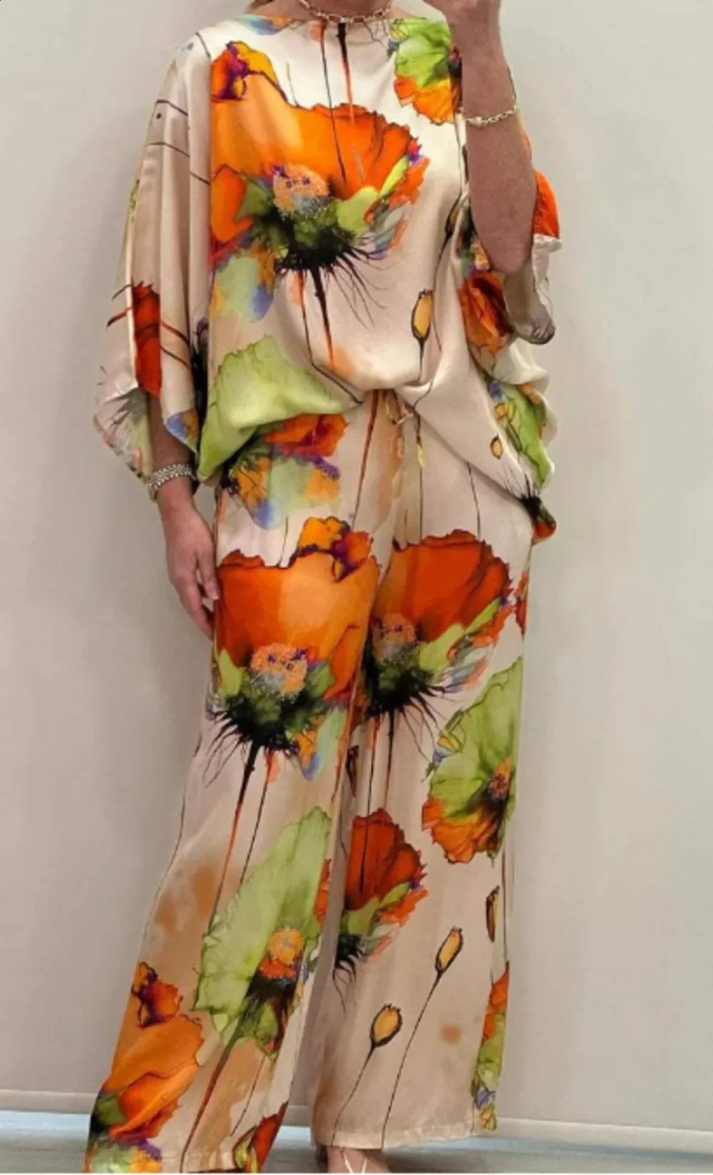 Spring Summer Fashion Satin Print Two Piece Set Women Causal OL Loose Round Neck Top Wide Leg Pants Two Piece Set Women 240813