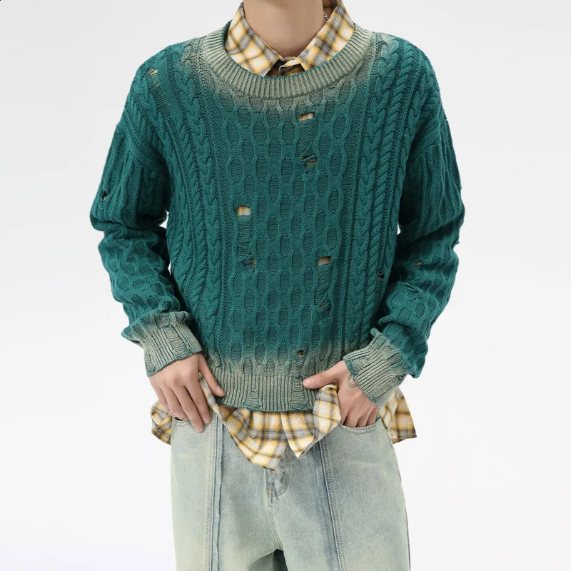 SYUHGFA Korean Style Mens Wear Sweater Autumn Round Collar Hollow Out Hole Knitted Top Vintage Male Top 240814